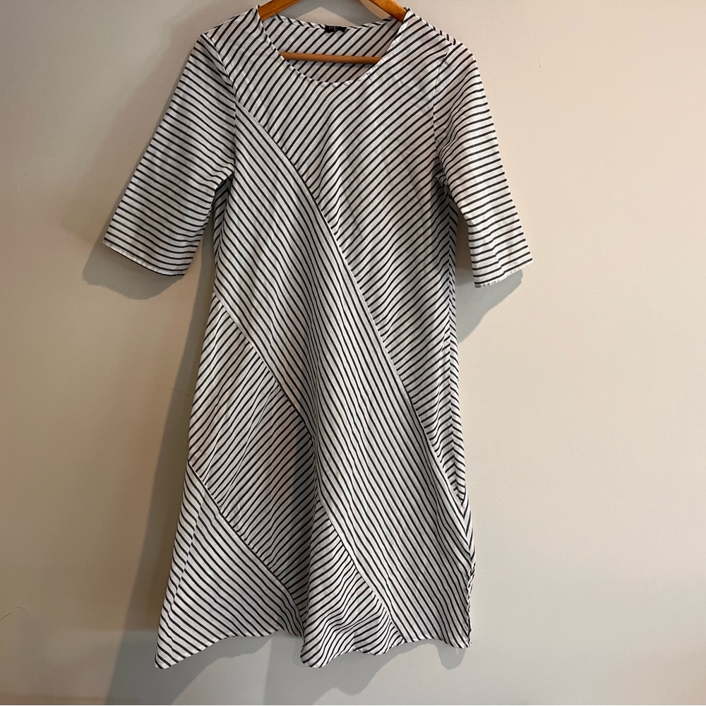 Vonda 100% Cotton Striped Dress Gray White Lagenlook Sheath Minimalist Medium